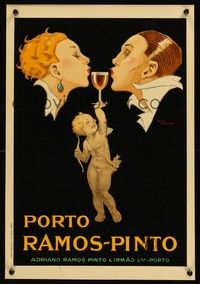 6g136 PORTO RAMOS-PINTO French 14x20 '70s great Rene Vincent ar of couple drinking wine!
