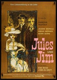 6g346 JULES & JIM 2-sided German '62 Francois Truffaut, cool double poster w/different art!