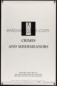 6h105 CRIMES & MISDEMEANORS style A 1sh '89 Woody Allen directs & stars, eye chart image!