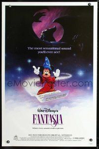 6h163 FANTASIA 1sh R85 great image of wizard Mickey Mouse, Disney musical cartoon classic!