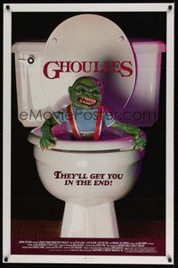 6h198 GHOULIES 1sh '85 wacky horror image of goblin in toilet, they'll get you in the end!