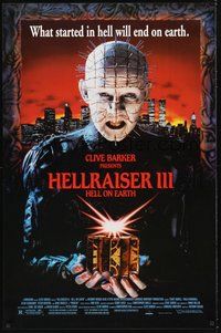 6h227 HELLRAISER III: HELL ON EARTH 1sh '92 Clive Barker, great close up of Pinhead holding cube!