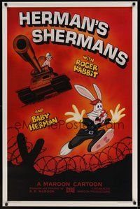 6h229 HERMAN'S SHERMANS Kilian 1sh '88 great art of Roger Rabbit running from Baby Herman in tank!