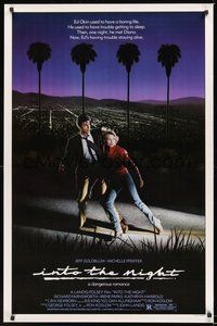 6h258 INTO THE NIGHT 1sh '85 cool image of Jeff Goldblum & Michelle Pfeiffer on the run!