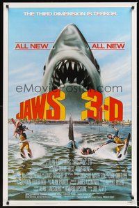 6h267 JAWS 3-D 1sh '83 great Gary Meyer shark artwork, the third dimension is terror!