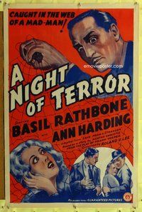 6h307 LOVE FROM A STRANGER 1sh R42 Basil Rathbone, Ann Harding, A Night of Terror!