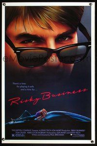 6h432 RISKY BUSINESS 1sh '83 classic close up artwork image of Tom Cruise in cool shades!