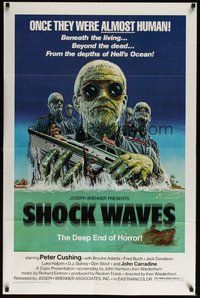 6h458 SHOCK WAVES 1sh '77 Peter Cushing, cool art of wacky ocean zombies terrorizing boat!