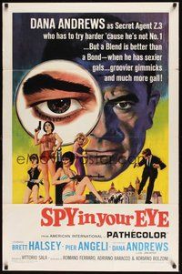 6h472 SPY IN YOUR EYE 1sh '66 Dana Andrews has sexier gals and groovier gimmicks, cool art!