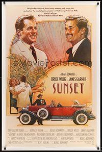 6h490 SUNSET 1sh '88 Blake Edwards, great Drew Struzan art of Bruce Willis & James Garner!