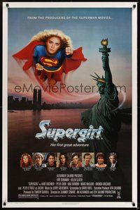 6h492 SUPERGIRL 1sh '84 super Helen Slater in costume flying over Statue of Liberty!