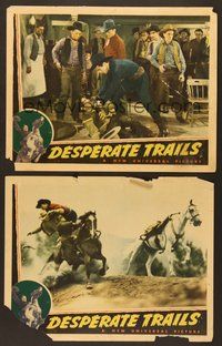 6j898 DESPERATE TRAILS 2 LCs '39 Johnny Mack Brown in brawl and taking out badguy on horseback!