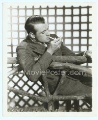 6k296 GARY COOPER deluxe 8x10 still '30s close up in suit smoking cigarette by wooden rail!