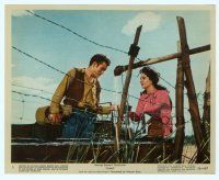 6k077 GIANT color 8x10 still #5 '56 James Dean & Elizabeth Taylor drink by barb-wire fence!