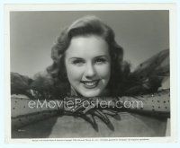 6m130 DEANNA DURBIN 8x10 still '44 great close up wearing cool outfit resting head on her hands!