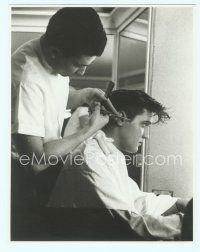 6m182 ELVIS PRESLEY deluxe candid 7.75x9.75 still '50s c/u of him getting a haircut by Bud Fraker!