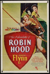 6p027 ADVENTURES OF ROBIN HOOD 1sh R76 cool different art of Errol Flynn as Robin Hood!