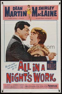6p040 ALL IN A NIGHT'S WORK 1sh '61 smoking Dean Martin holds sexy Shirley MacLaine!