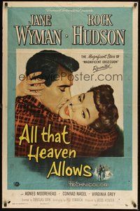 6p041 ALL THAT HEAVEN ALLOWS 1sh '55 close up romantic art of Rock Hudson kissing Jane Wyman!