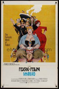 6p046 AMARCORD int'l 1sh '74 Federico Fellini classic comedy, Juliano Geleng artwork!