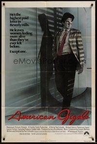 6p051 AMERICAN GIGOLO int'l 1sh '80 male prostitute Richard Gere is being framed for murder!