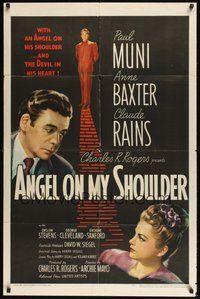 6p061 ANGEL ON MY SHOULDER 1sh '46 artwork of Paul Muni, Claude Rains, pretty Anne Baxter!