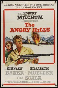 6p063 ANGRY HILLS 1sh '59 Robert Aldrich, cool artwork of Robert Mitchum with big machine gun!