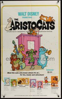 6p076 ARISTOCATS 1sh '71 Walt Disney feline jazz musical cartoon, great colorful art!