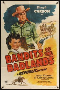 6p095 BANDITS OF THE BADLANDS 1sh '45 art of cowboy Sunset Carson, Peggy Stewart!
