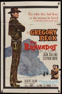 6p166 BRAVADOS 1sh '58 full-length art of cowboy Gregory Peck with gun & sexy Joan Collins!
