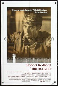 6p179 BRUBAKER 1sh '80 warden Robert Redford is the most wanted man in Wakefield prison!