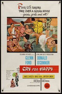 6p267 CRY FOR HAPPY 1sh '60 Glenn Ford & Donald O'Connor take over a geisha house & the girls too!