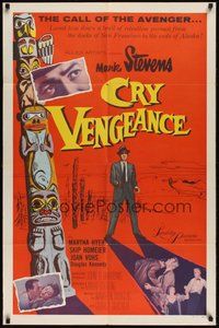 6p268 CRY VENGEANCE 1sh '55 Mark Stevens, film noir, cool totem pole art!