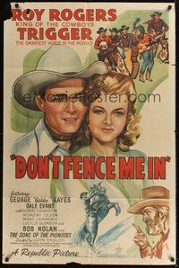 6p298 DON'T FENCE ME IN 1sh '45 close up art of Roy Rogers & pretty Dale Evans, Gabby Hayes!
