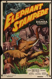 6p319 ELEPHANT STAMPEDE 1sh '51 Johnny Sheffield as Bomba the Jungle Boy, cool art!
