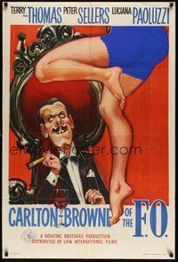 6p202 CARLTON-BROWNE OF THE F.O. English 1sh '59 wacky artwork of Terry-Thomas & sexy legs!