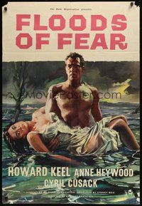 6p358 FLOODS OF FEAR English 1sh '59 art of barechested Howard Keel holding sexy Anne Heywood!