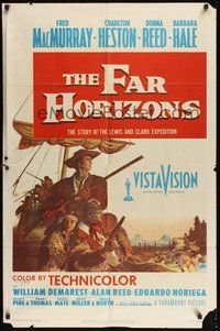 6p342 FAR HORIZONS 1sh '55 art of Charlton Heston & Fred MacMurray as Lewis & Clark + Donna Reed!