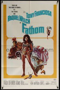 6p344 FATHOM 1sh '67 art of sexy nearly-naked Raquel Welch in parachute harness & action scenes!