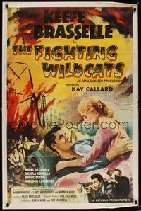 6p349 FIGHTING WILDCATS 1sh '57 art of Keefe Brasselle romancing Kay Callard + oil field on fire!