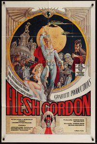 6p357 FLESH GORDON 1sh '74 sexy sci-fi spoof, wacky erotic super hero art by George Barr!