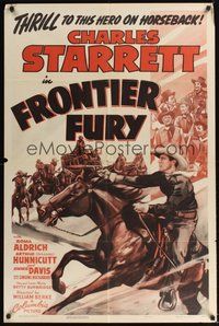 6p375 FRONTIER FURY 1sh '43 art of Charles Starrett, thrill to this hero on horseback!