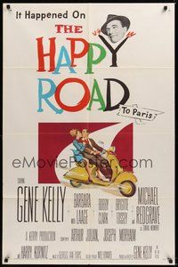 6p427 HAPPY ROAD 1sh '57 romantic art of Gene Kelly & Barbara Laage riding & kissing on Vespa!