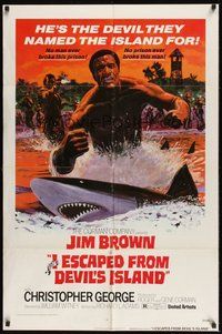 6p472 I ESCAPED FROM DEVIL'S ISLAND 1sh '73 cool art of Jim Brown swimming w/sharks!