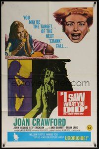 6p473 I SAW WHAT YOU DID 1sh '65 Joan Crawford, William Castle, you may be the next target!
