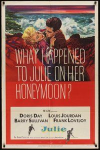 6p502 JULIE 1sh '56 what happened to Doris Day on her honeymoon with Louis Jourdan?