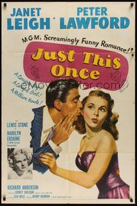 6p506 JUST THIS ONCE 1sh '52 great art of Peter Lawford whispering to sexy Janet Leigh!
