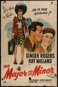 6p566 MAJOR & THE MINOR 1sh '42 pretty Ginger Rogers poses as a young teen confusing Ray Milland!
