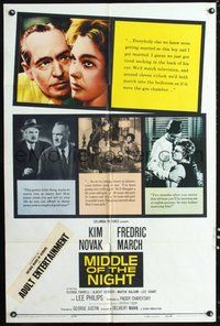 6p589 MIDDLE OF THE NIGHT 1sh '59 sexy young Kim Novak is involved with much older Fredric March!