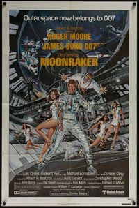 6p603 MOONRAKER 1sh '79 art of Roger Moore as James Bond & sexy space babes by Gouzee!